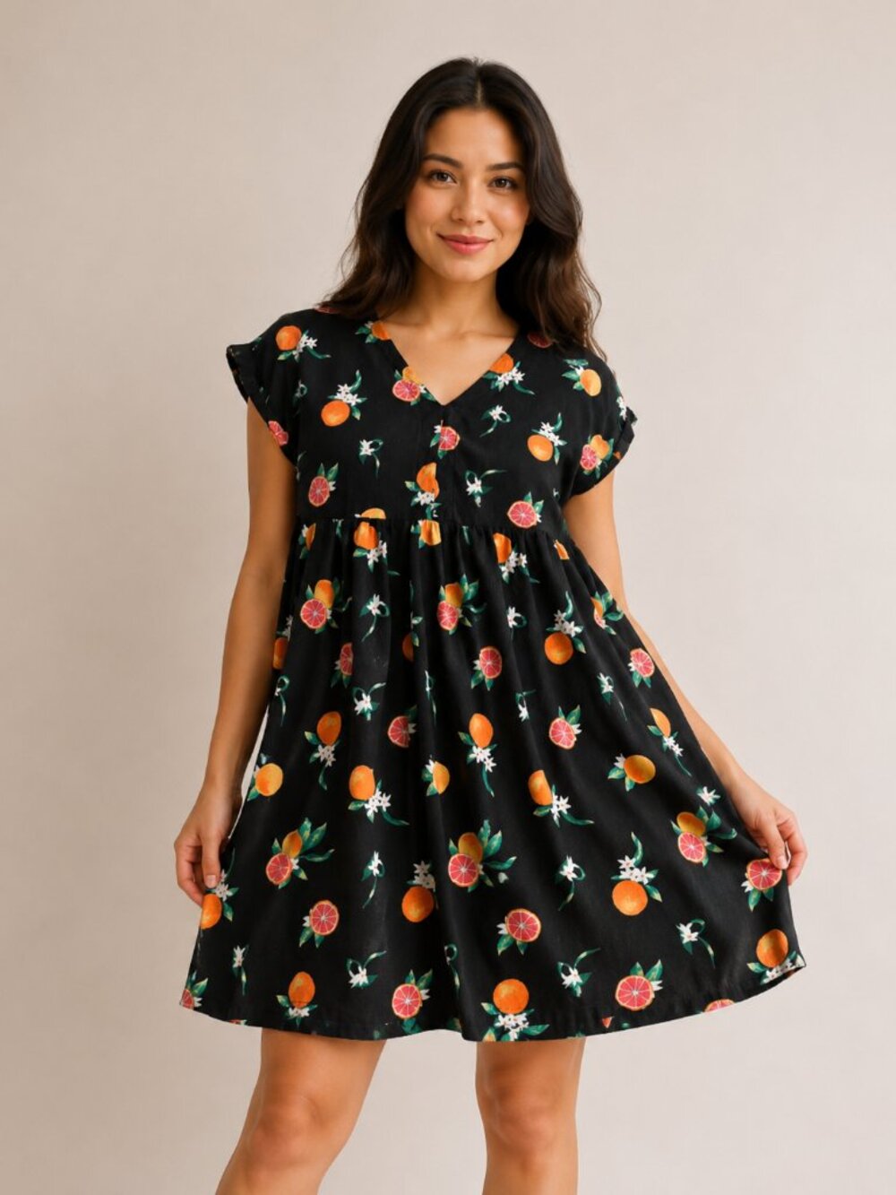 Dip Women’s Medium Black Citrus Print Dress Orange Lemon Floral Short Sleeve